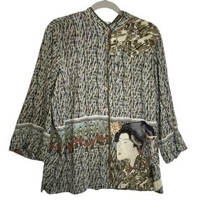 Citron Santa Monica XL Asian Artwear Japanese Art Print Silk Blend Blouse